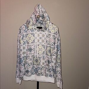 Forever 21 Men’s Geometric Tile Print Hoodie Sweatshirt White Blue Gray Size S